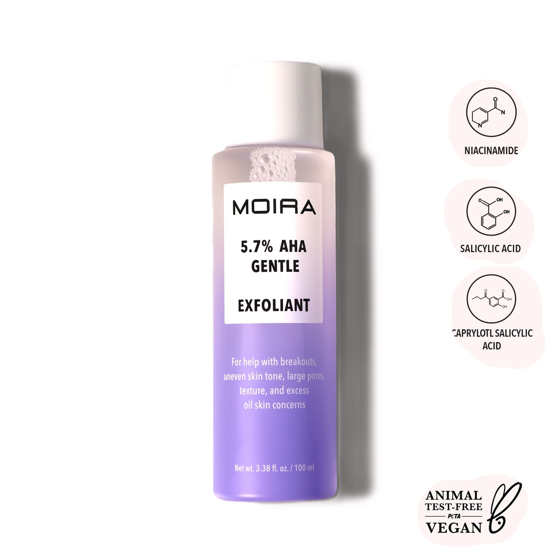 Exfoliante suave Moira con 5.7% de AHA en su envase