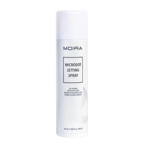 Envase del spray fijador de maquillaje Moira Microdot