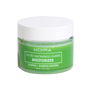 Envase de la crema calmante Moira con niacinamida y árbol de té